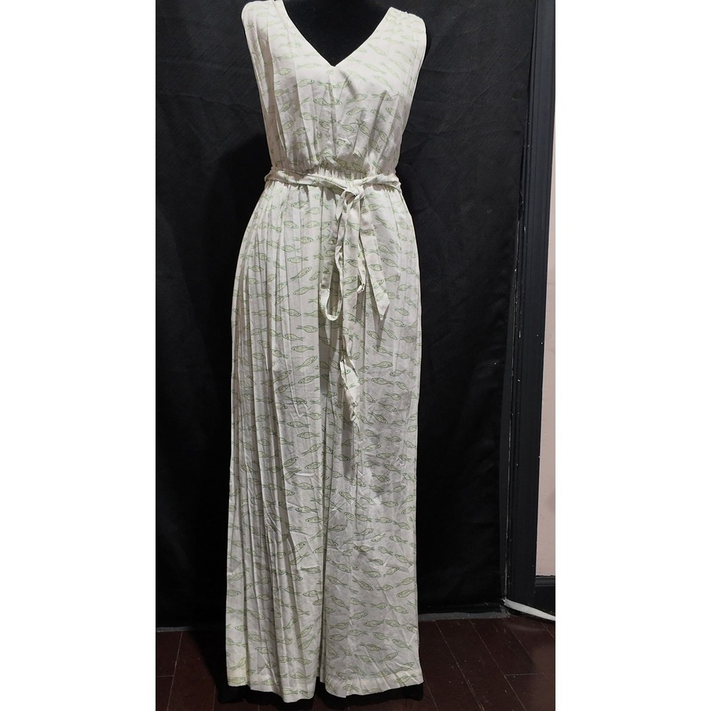 A New Day Womens XS Green Fish Print V-Neck Cross Back Maxi Dress White NWT